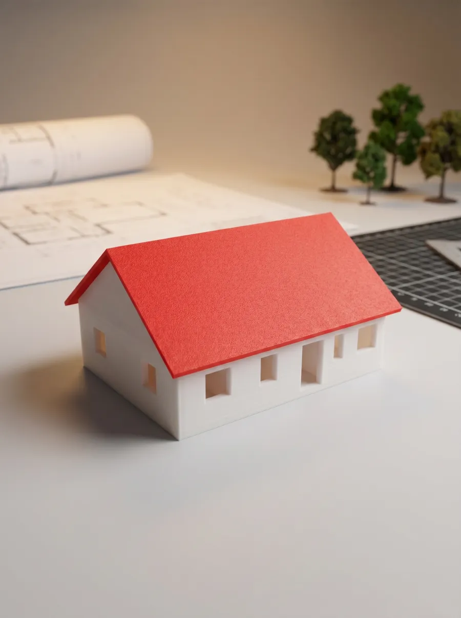 Single-storey model with bright red gable roof