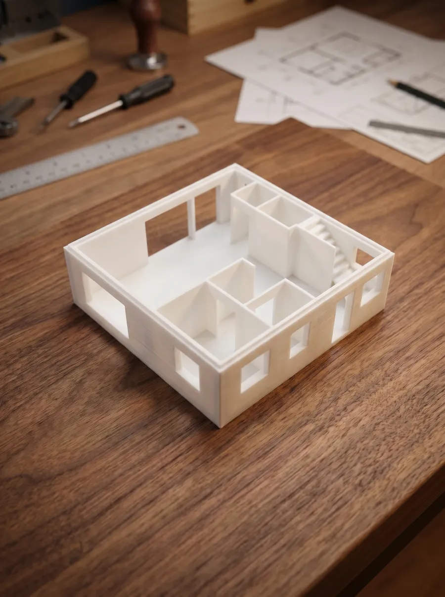 Roofless 3D-printed house model on a workbench